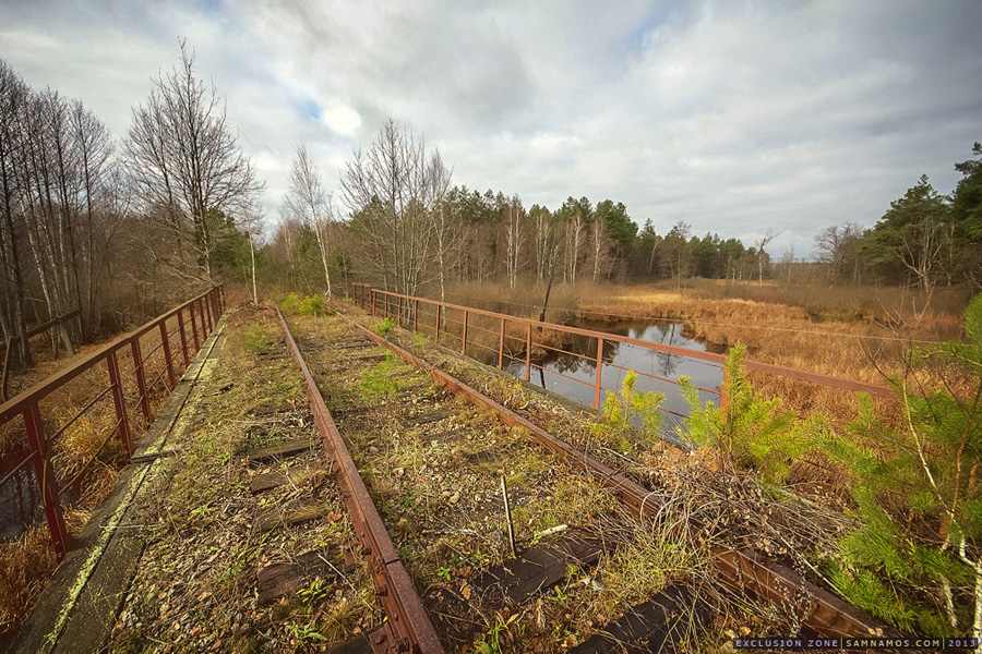 The abandoned railroad line through the Chornobyl zone.